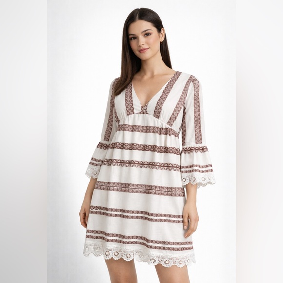Amellia Other - Amellia Women’s Boho Midi Dress Embroidered White Brown Size Large